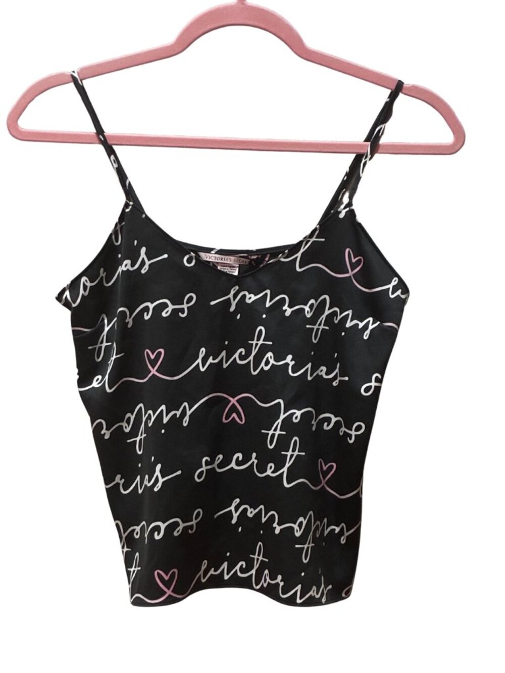 NWT Victoria's Secret Satin Script Coquette Lingerie Black/Pink Cami Top XS
